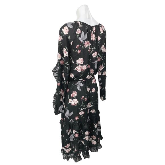 H&M Black Floral Print Ruffle Long Sleeve Tiered Midi Blouson A-Line Dress 2 - Picture 3 of 6
